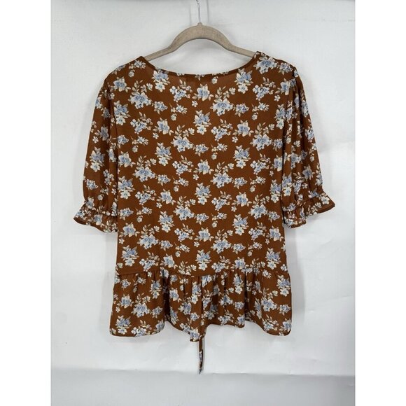 Pleione Floral Blouse Women Medium Rust Orange Cinch Front Peasant Bohemian - Picture 2 of 6